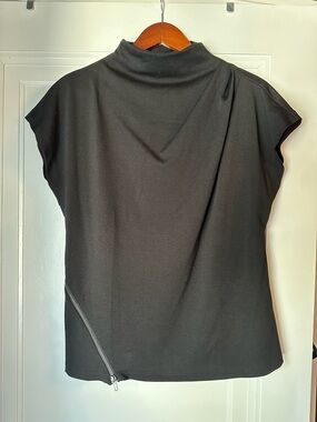 Catherine Malandrino Black Mock Neck Cap Sleeve Top with Angled Zip